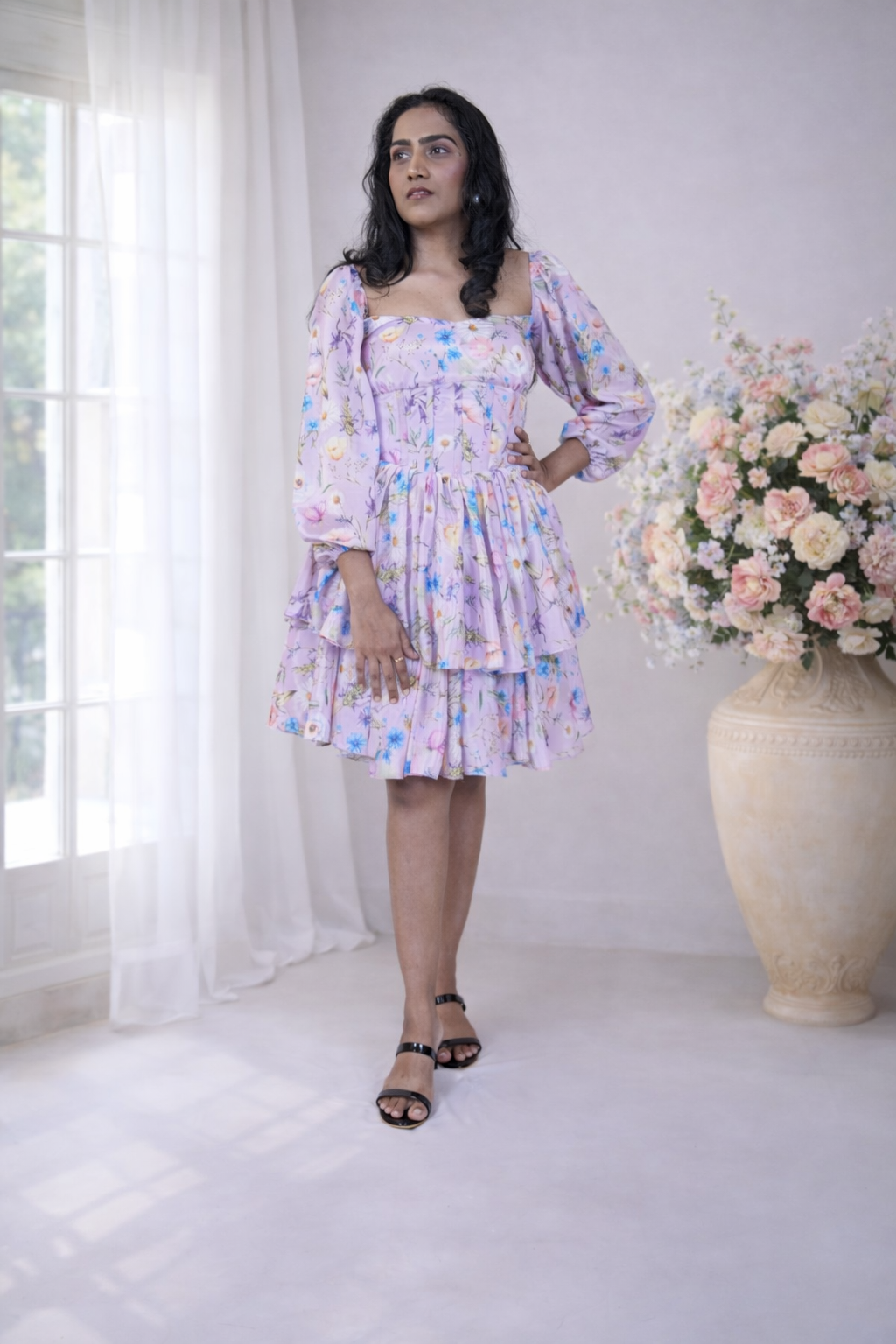 Romantic Lavender Floral Corset Mini Dress with Long Sleeves – G-sshhaa