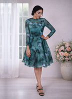 Corset Illusion Long Sleeves Floral Applique Midi Dress