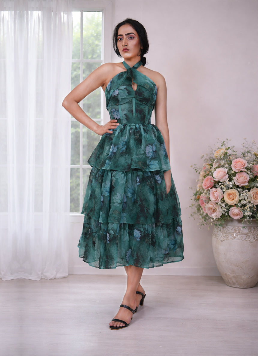 Corset Ruffle Halter Tiered Print Flat chiffon Dress