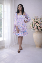 Romantic Lavender Floral Corset Mini Dress with Long Sleeves