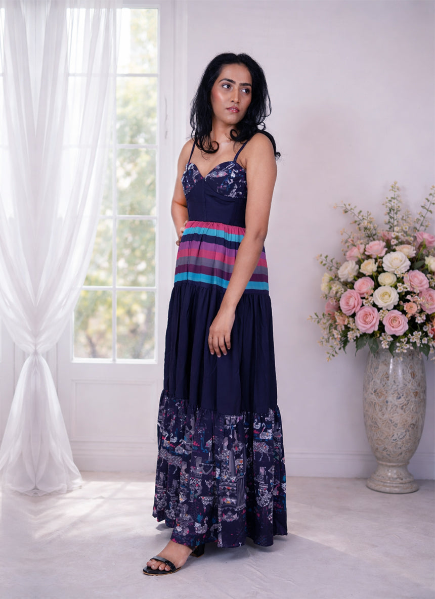 Infinity Corset Multi print Long tiered Dress