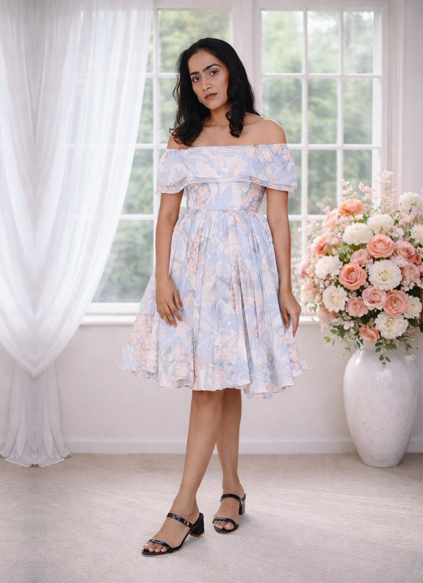 Tea Green Floral off shoulder Dress