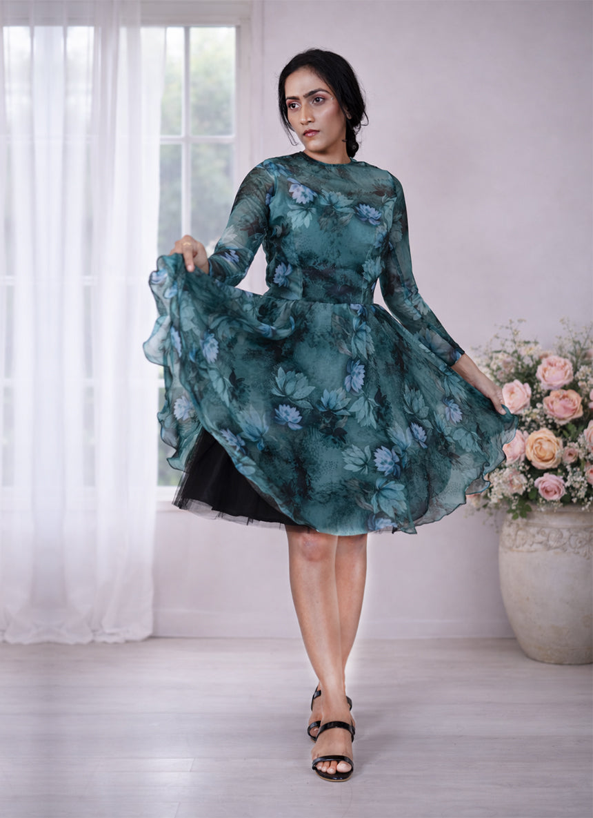 Corset Illusion Long Sleeves Floral Applique Midi Dress