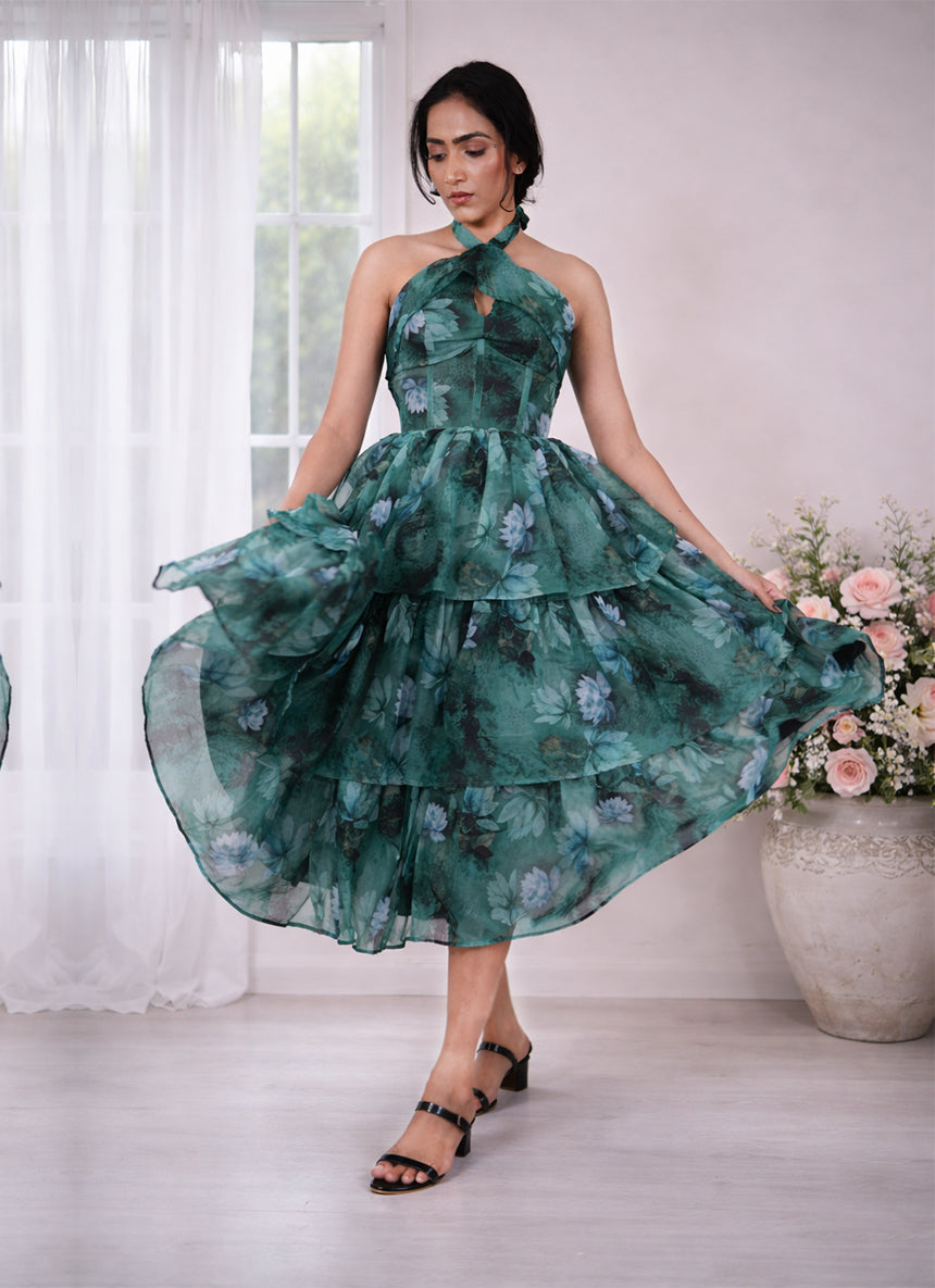 Corset Ruffle Halter Tiered Print Flat chiffon Dress