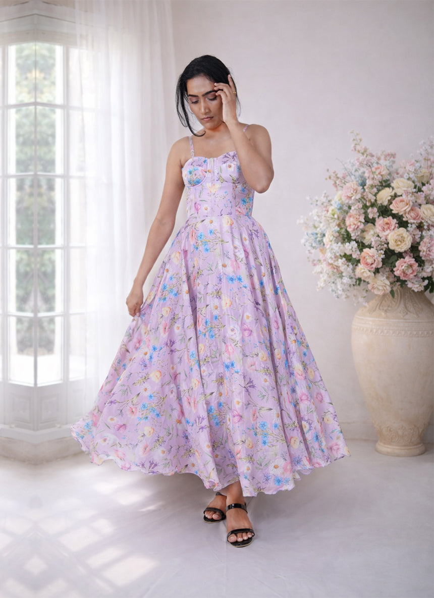 Floral Lavender chinon Dress with Ditachable Straps