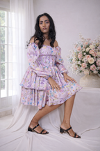 Romantic Lavender Floral Corset Mini Dress with Long Sleeves
