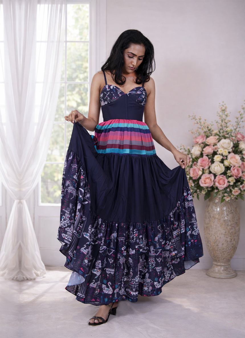 Infinity Corset Multi print Long tiered Dress