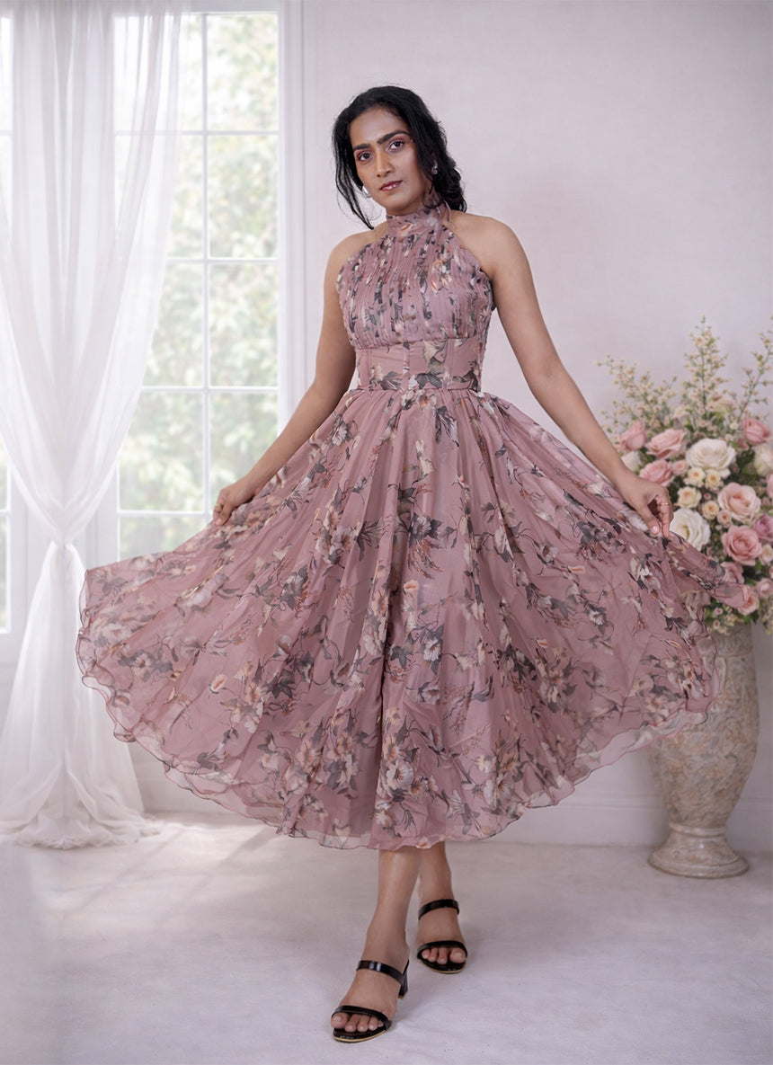 Leather Halter High Neck Tea Length Prom Dress