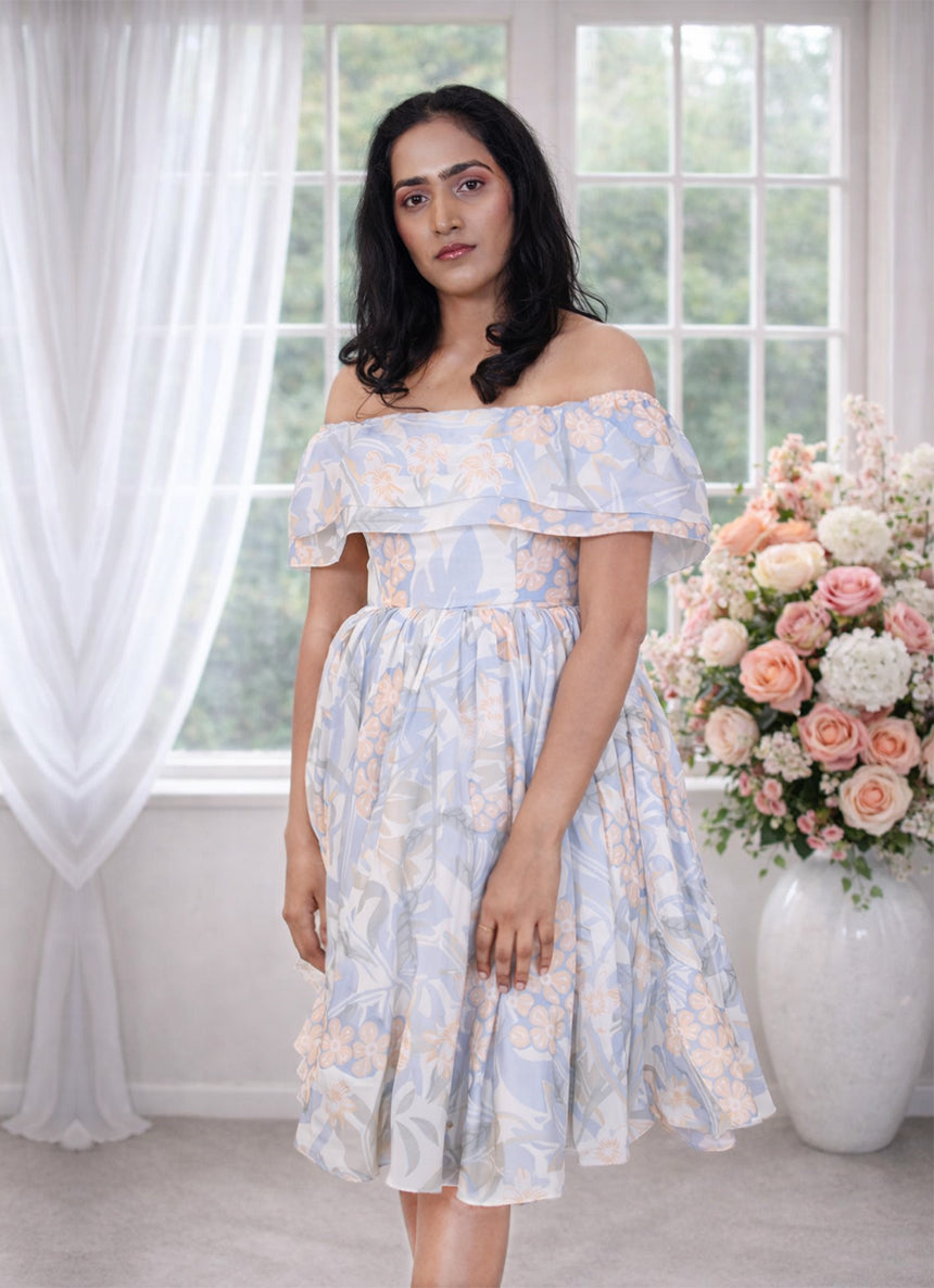 Tea Green Floral off shoulder Dress