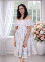 Tea Green Floral off shoulder Dress