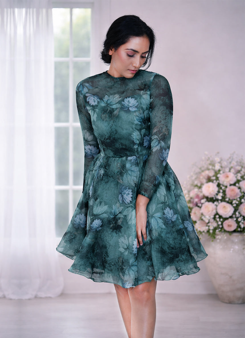 Corset Illusion Long Sleeves Floral Applique Midi Dress