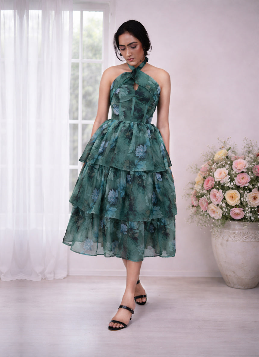 Corset Ruffle Halter Tiered Print Flat chiffon Dress