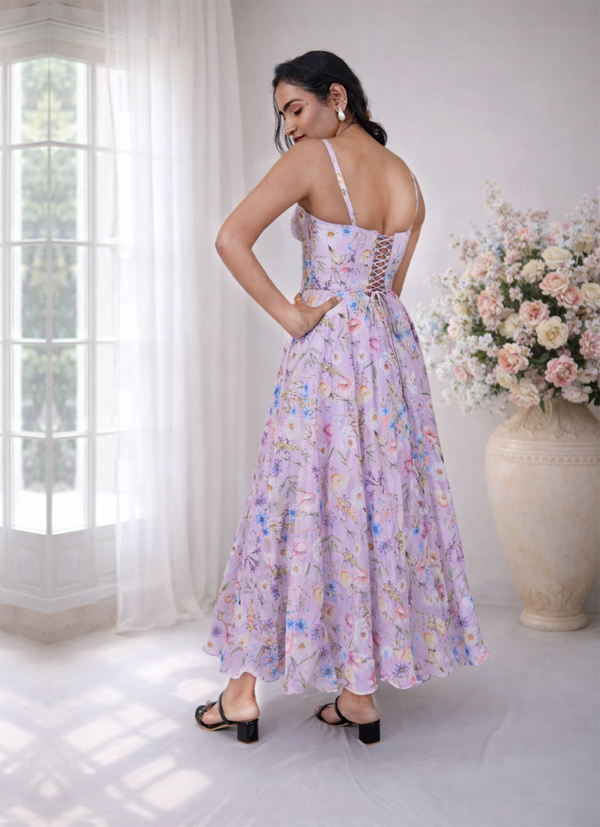 Floral Lavender chinon Dress with Ditachable Straps