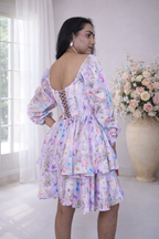 Romantic Lavender Floral Corset Mini Dress with Long Sleeves