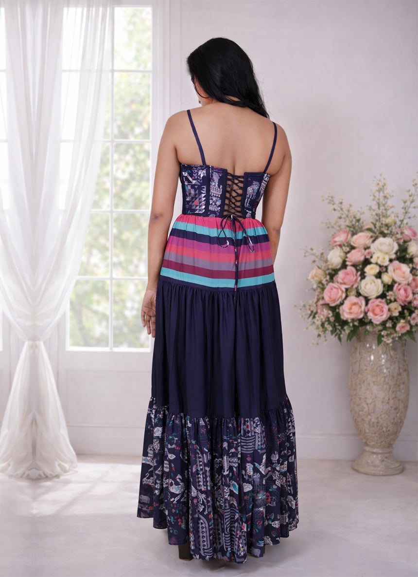 Infinity Corset Multi print Long tiered Dress
