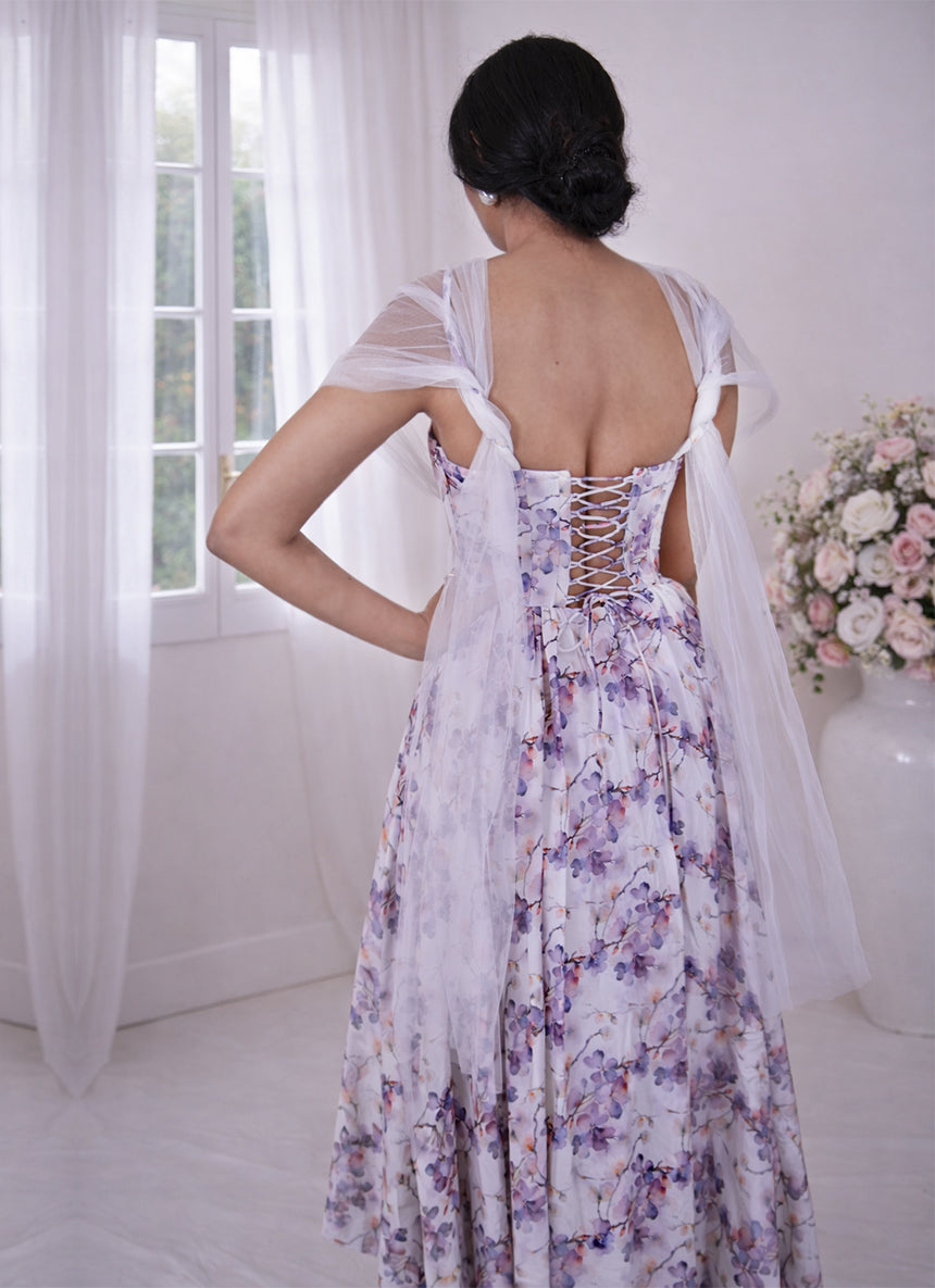 floral dress corset tie back MissJophiel Corset Tie Back Floral Print Tulle Prom Dress with Removable Puff Sleeves Sage Print / Above Knee / US8