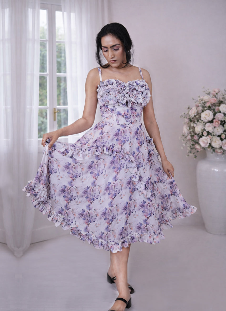 Spaghetti Straps Corset Floral Print Chiffon Dress