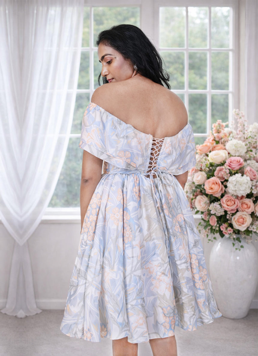 Tea Green Floral off shoulder Dress