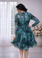 Corset Illusion Long Sleeves Floral Applique Midi Dress