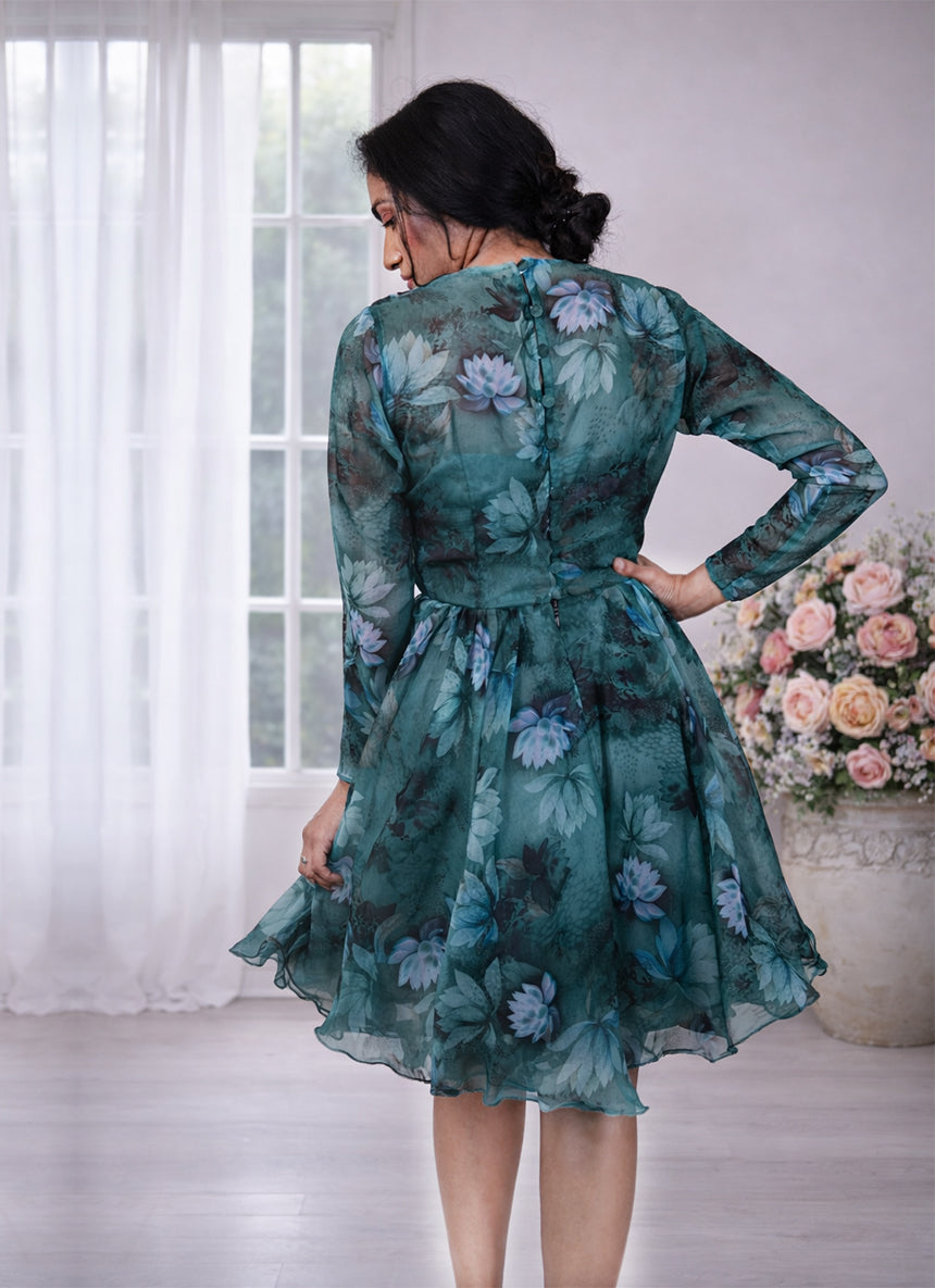Corset Illusion Long Sleeves Floral Applique Midi Dress