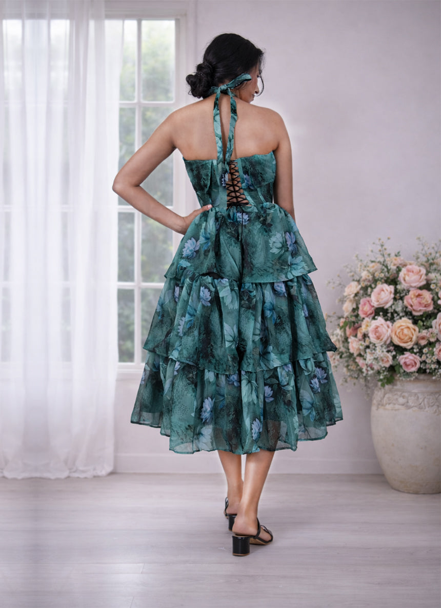 Corset Ruffle Halter Tiered Print Flat chiffon Dress