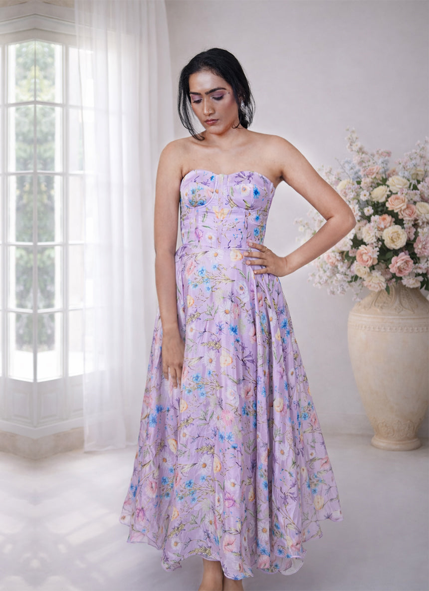 Floral Lavender chinon Dress with Ditachable Straps
