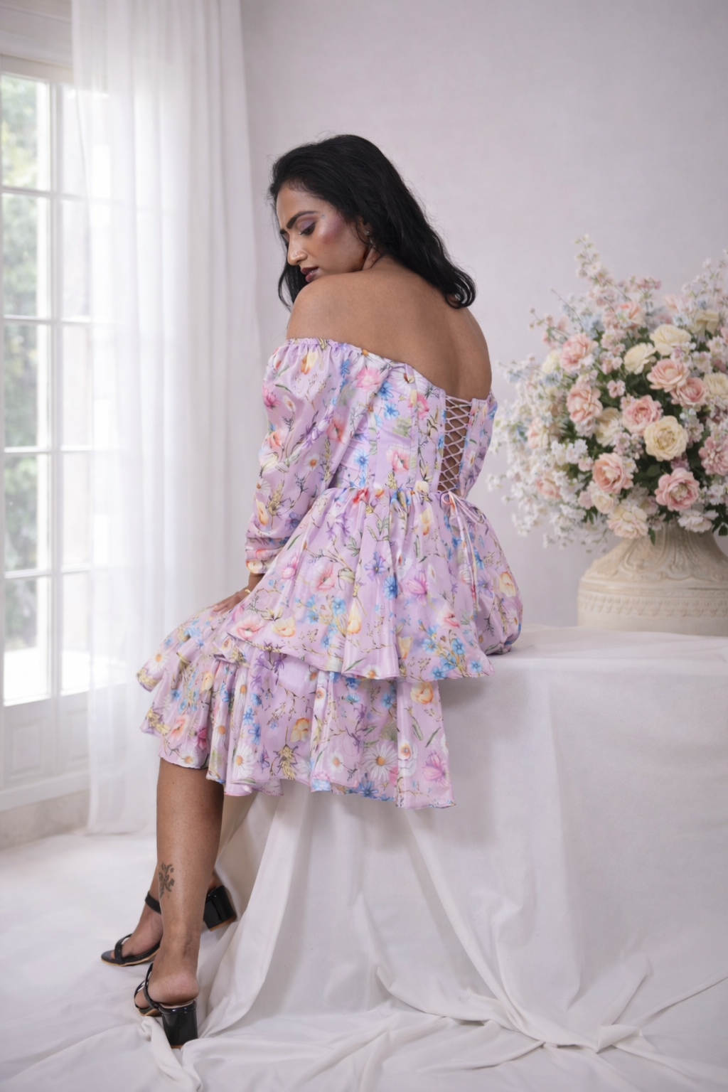 Romantic Lavender Floral Corset Mini Dress with Long Sleeves