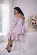 Romantic Lavender Floral Corset Mini Dress with Long Sleeves