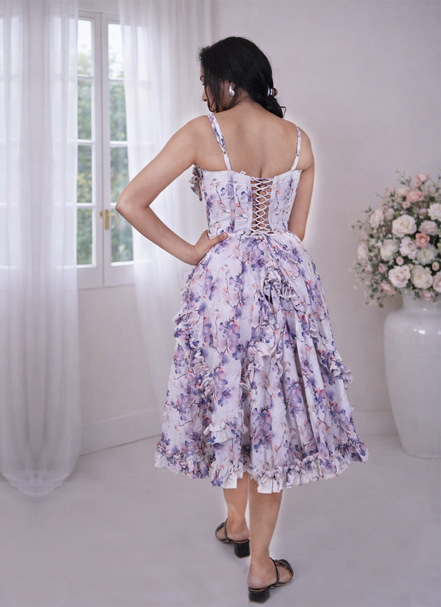 Spaghetti Straps Corset Floral Print Chiffon Dress