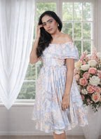 Tea Green Floral off shoulder Dress